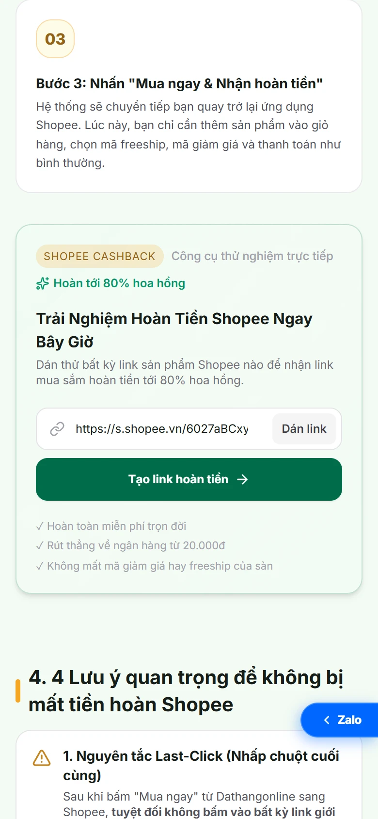 Dán link sản phẩm Shopee vào Dathangonline để tạo liên kết hoàn tiền