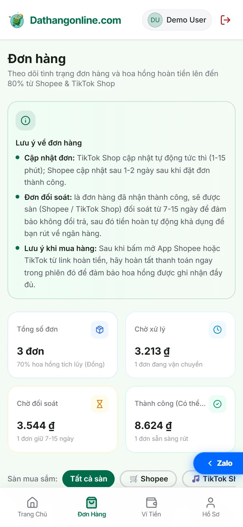 Theo dõi đơn hàng TikTok Shop trên trang Đơn hàng Dathangonline